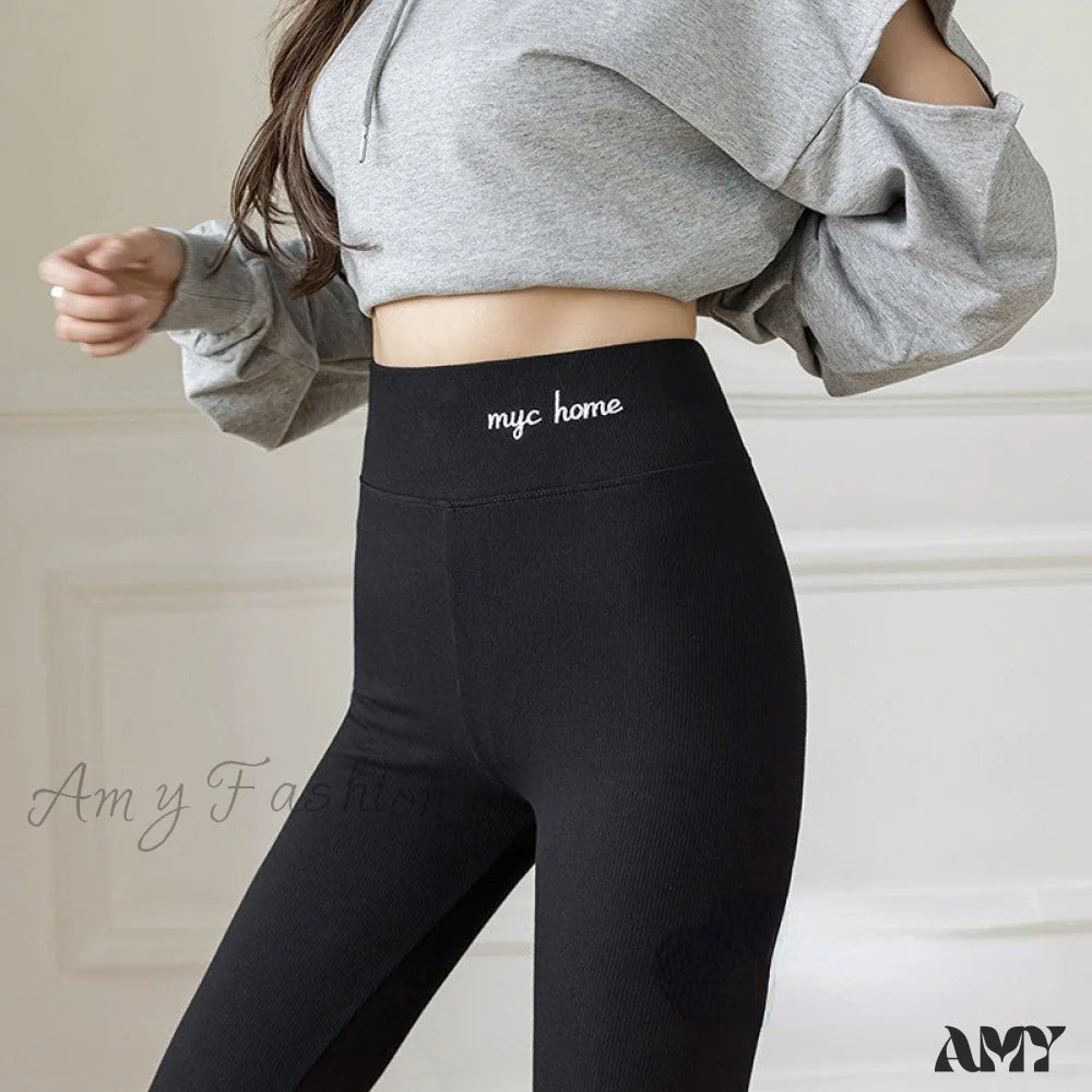 Amy Fashion - Velvet Thick High Waist Thermal Warm Leggings Black 350G Wool / L 40-62Kg