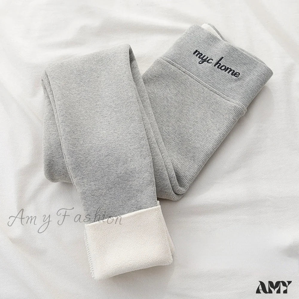 Amy Fashion - Velvet Thick High Waist Thermal Warm Leggings Lightgrey 300G / L 40-62Kg