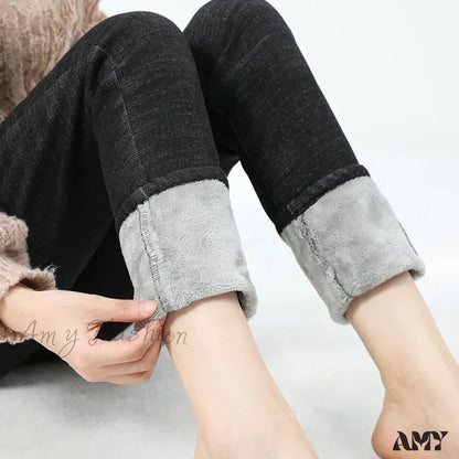 Amy Fashion - Velvet Warm Skinny Pencil Thickened High Waist Casual Slim Denim Jean