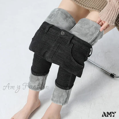 Amy Fashion - Velvet Warm Skinny Pencil Thickened High Waist Casual Slim Denim Jean