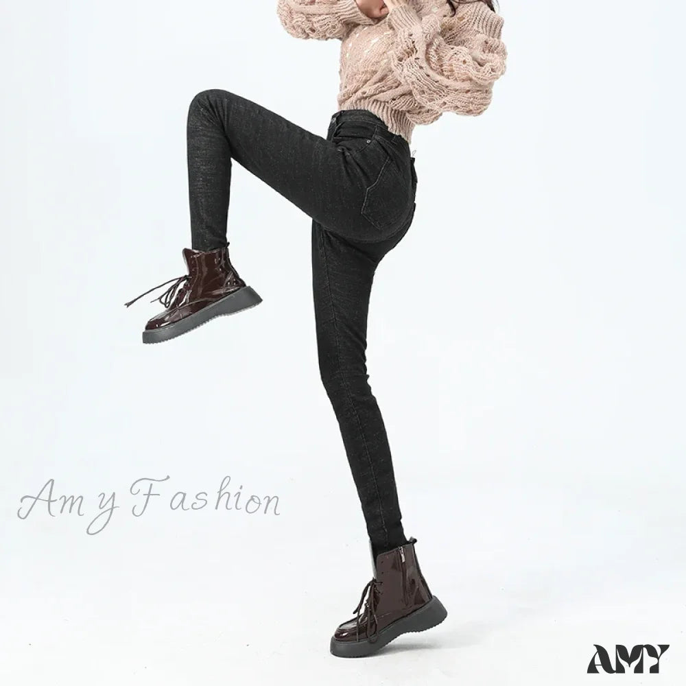 Amy Fashion - Velvet Warm Skinny Pencil Thickened High Waist Casual Slim Denim Jean