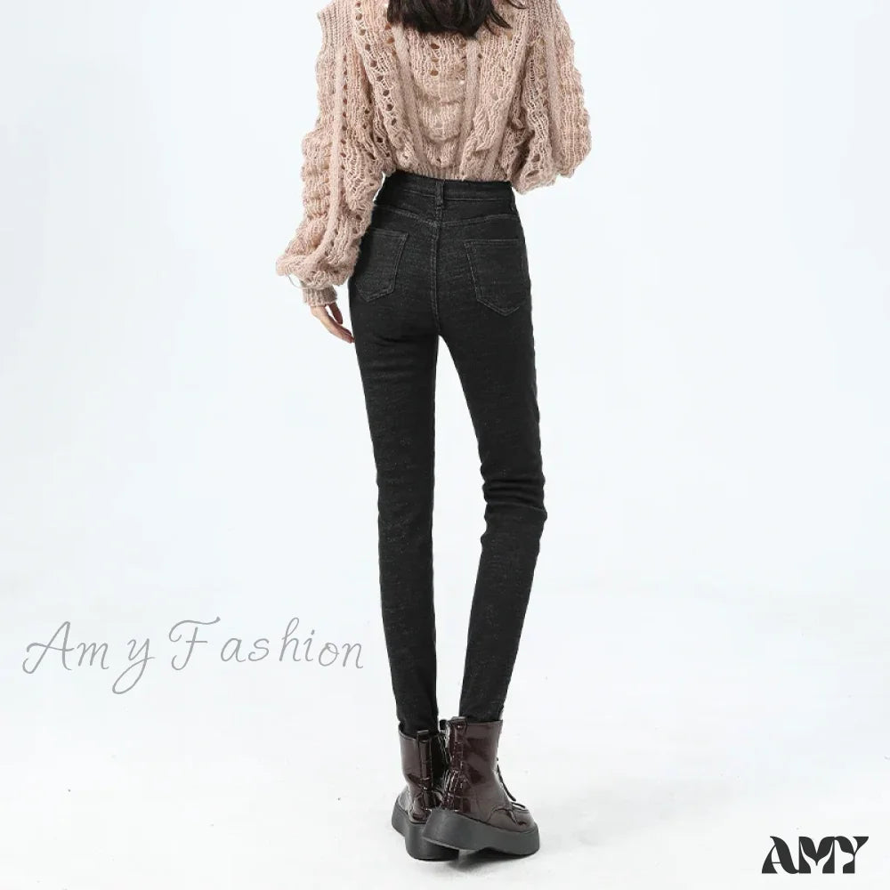 Amy Fashion - Velvet Warm Skinny Pencil Thickened High Waist Casual Slim Denim Jean