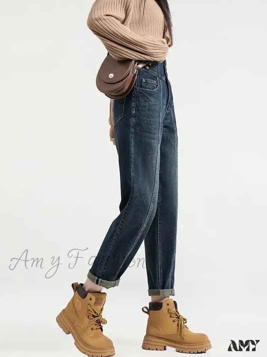 Amy Fashion - Versatile Light Color Thickened New Long Straight Art Natural Waist Jean Deep Blue / S