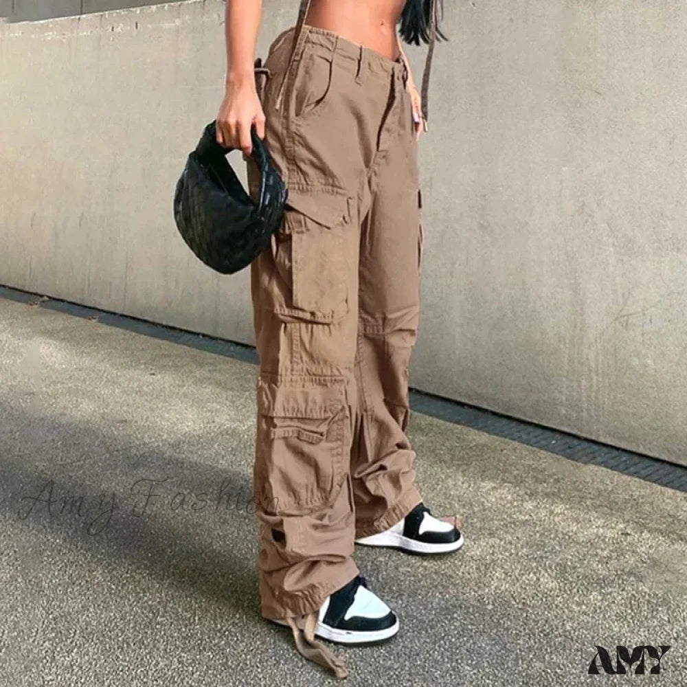 Amy Fashion - Vintage Cargo Baggy Streetwear Pockets Wide Leg Low Waist Casual Loose Y2K Denim Jean