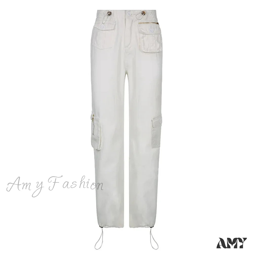 Amy Fashion - Vintage Cargo Baggy Streetwear Pockets Wide Leg Low Waist Casual Loose Y2K Denim Jean