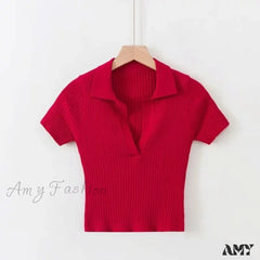 Amy Fashion - Vintage Clothes Ribbed Solid T-Shirt Red / One Size