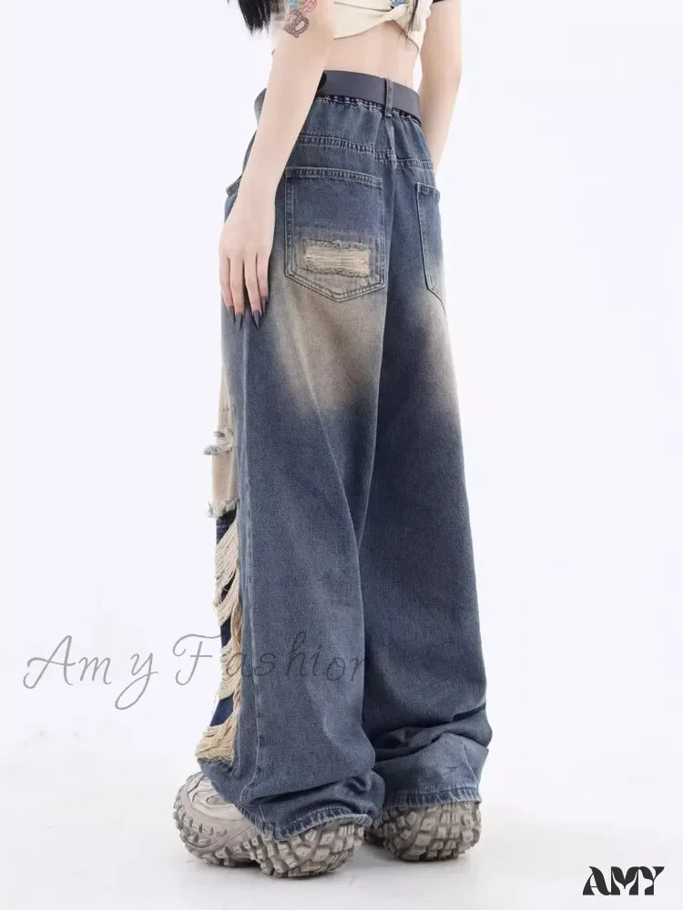 Amy Fashion - Vintage Distressed Washed Summer Loose Fitting Wide Leg Straight Tube Trendy Street