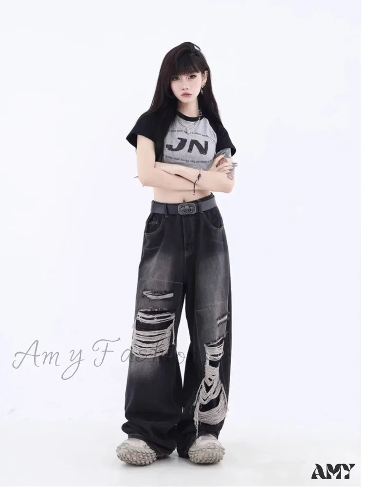 Amy Fashion - Vintage Distressed Washed Summer Loose Fitting Wide Leg Straight Tube Trendy Street