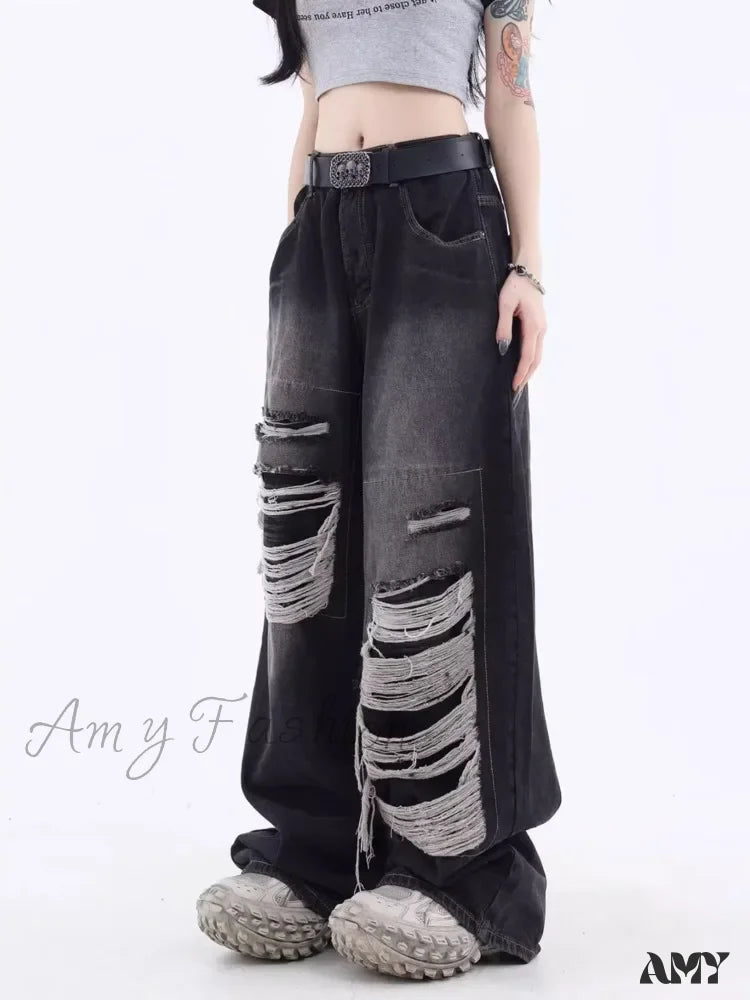 Amy Fashion - Vintage Distressed Washed Summer Loose Fitting Wide Leg Straight Tube Trendy Street