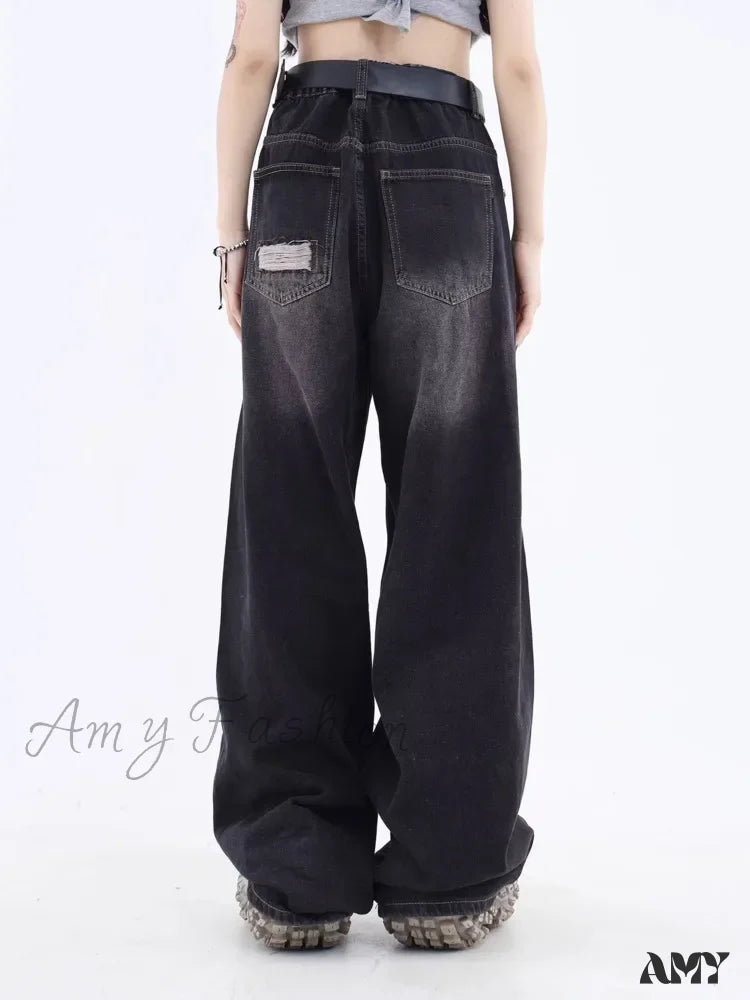 Amy Fashion - Vintage Distressed Washed Summer Loose Fitting Wide Leg Straight Tube Trendy Street