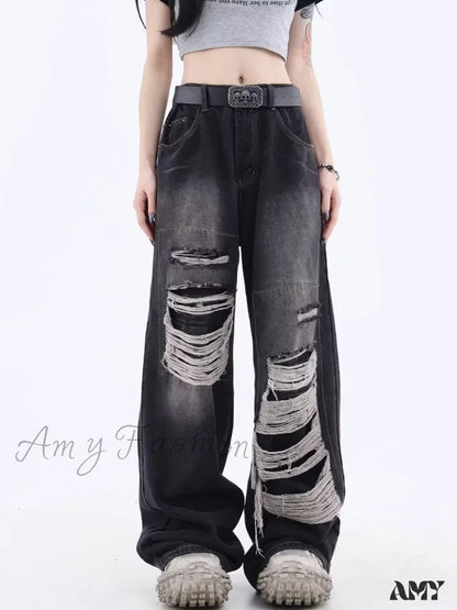 Amy Fashion - Vintage Distressed Washed Summer Loose Fitting Wide Leg Straight Tube Trendy Street