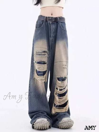 Amy Fashion - Vintage Distressed Washed Summer Loose Fitting Wide Leg Straight Tube Trendy Street