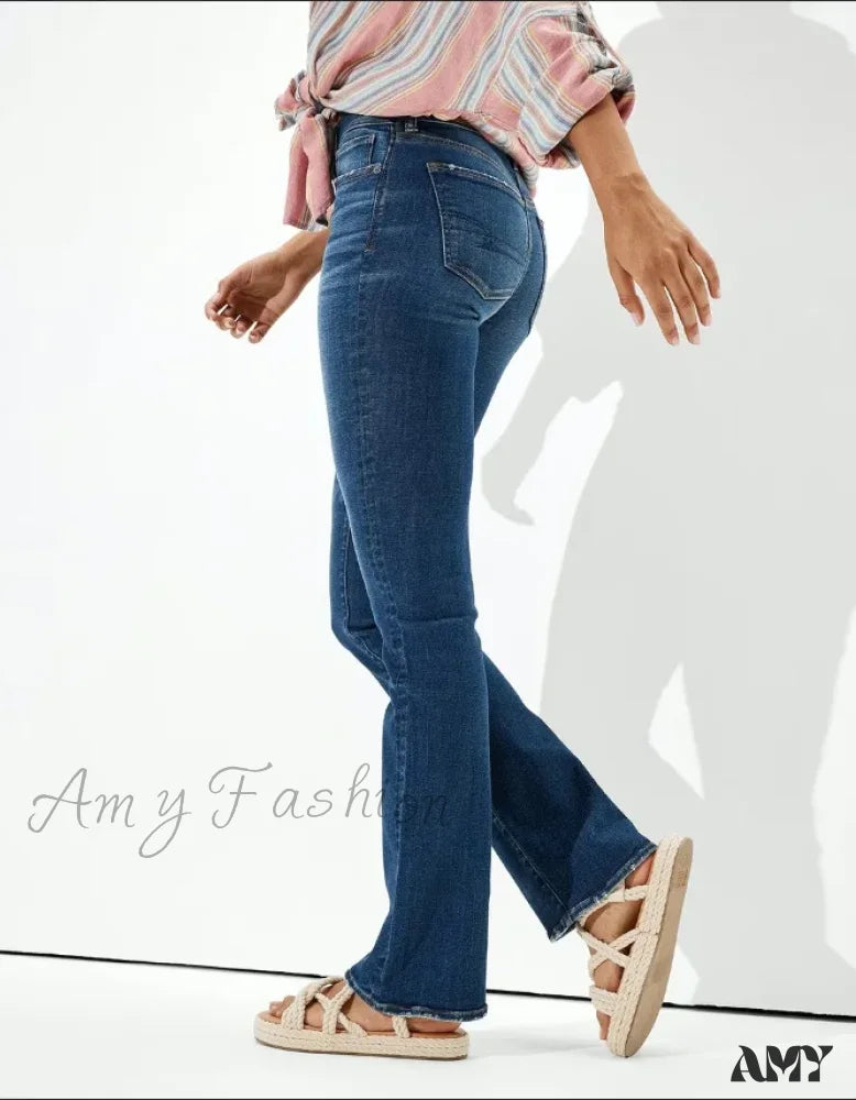 Amy Fashion - Vintage Flare Wide Leg High Waist Stretch Pocket Denim Jean