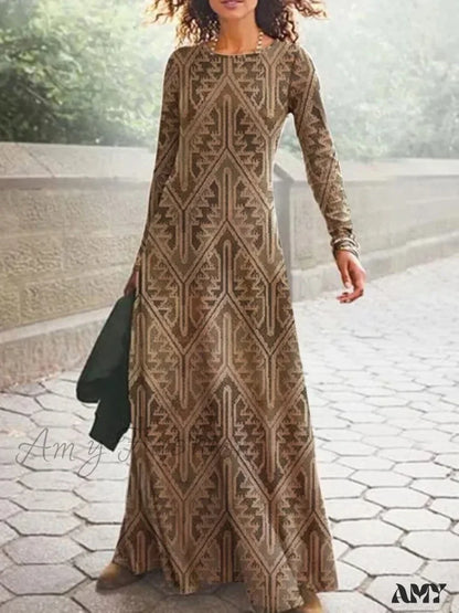 Amy Fashion - Vintage Geometric Print Long Sleeve Boho Dress