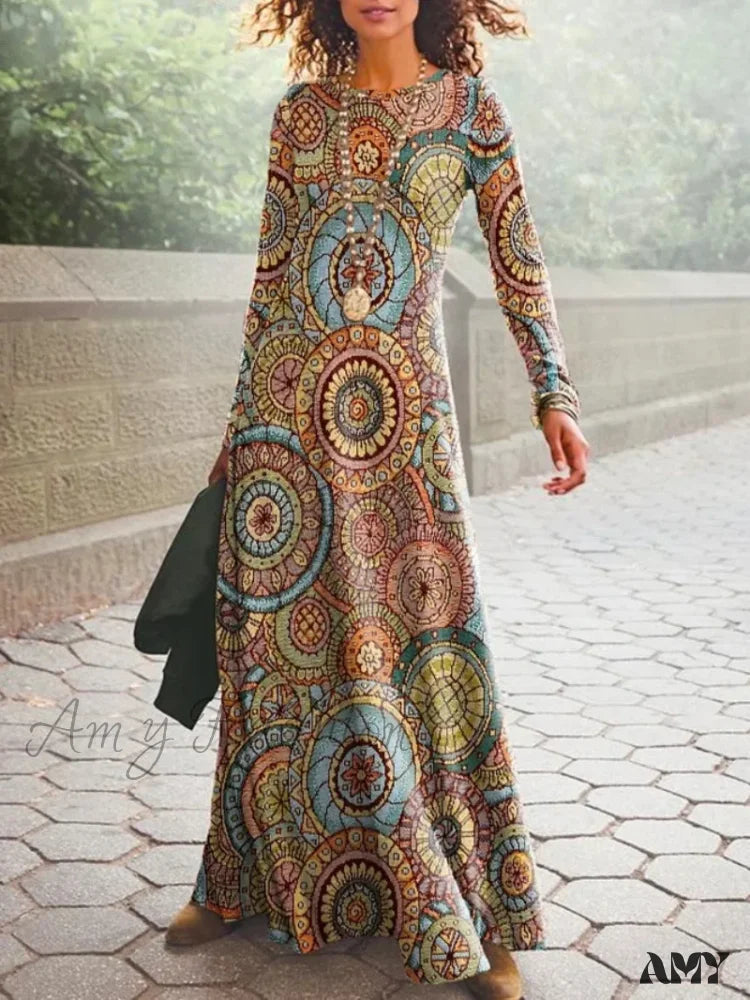 Amy Fashion - Vintage Geometric Print Long Sleeve Boho Dress Orange / S