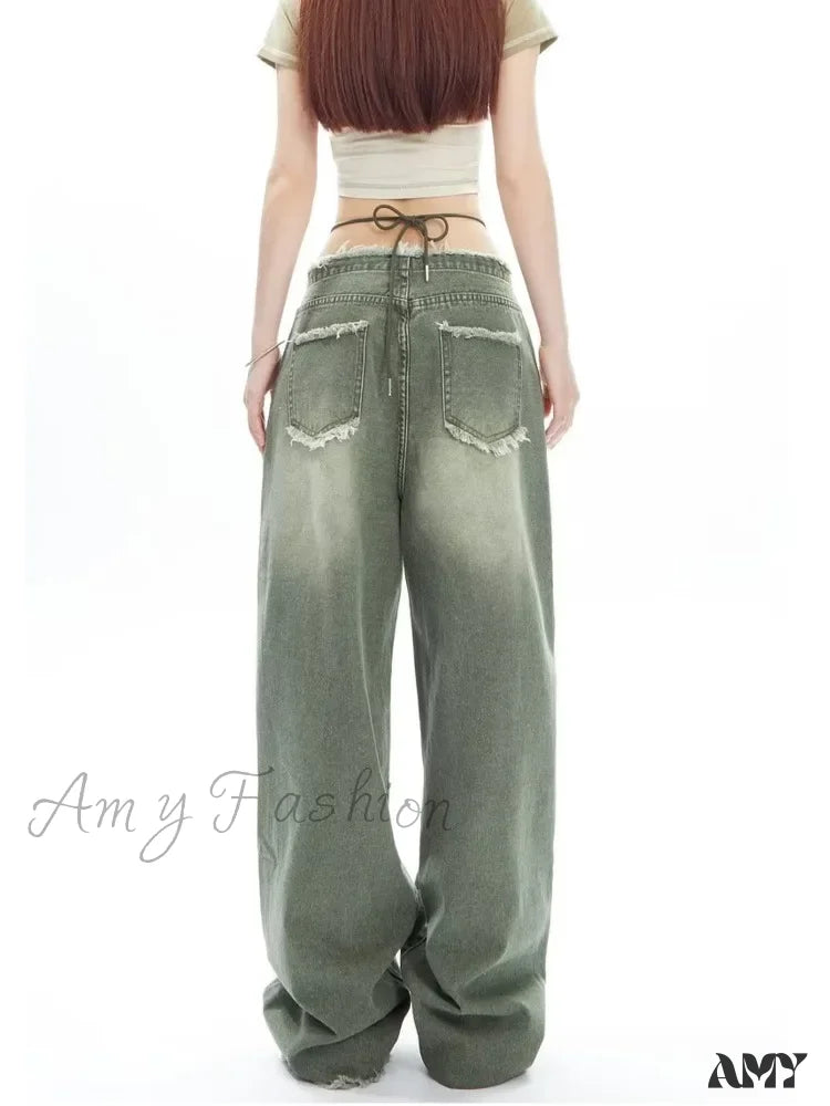 Amy Fashion - Vintage Green Wide Leg High Street Waisted Drape Straight Women’s Jean