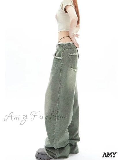 Amy Fashion - Vintage Green Wide Leg High Street Waisted Drape Straight Women’s Jean