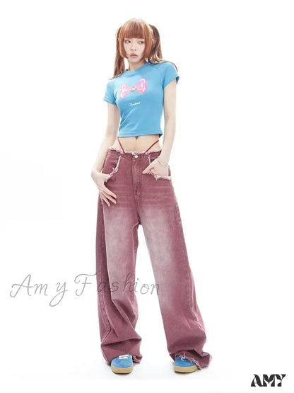 Amy Fashion - Vintage Green Wide Leg High Street Waisted Drape Straight Women’s Jean Purple / S