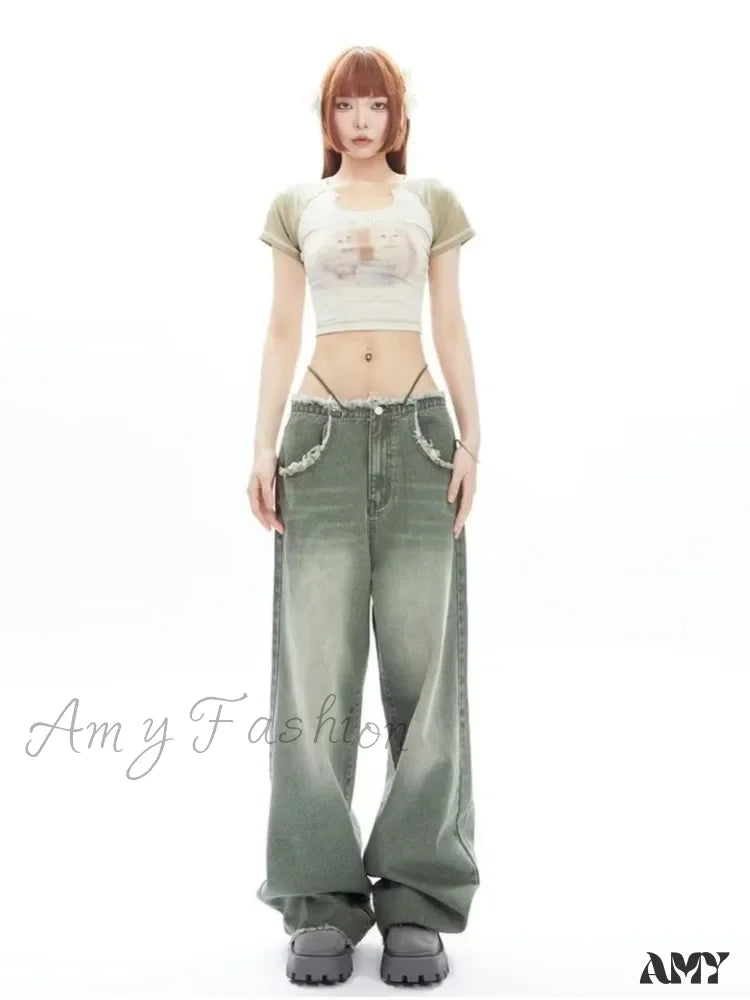 Amy Fashion - Vintage Green Wide Leg High Street Waisted Drape Straight Women’s Jean / S