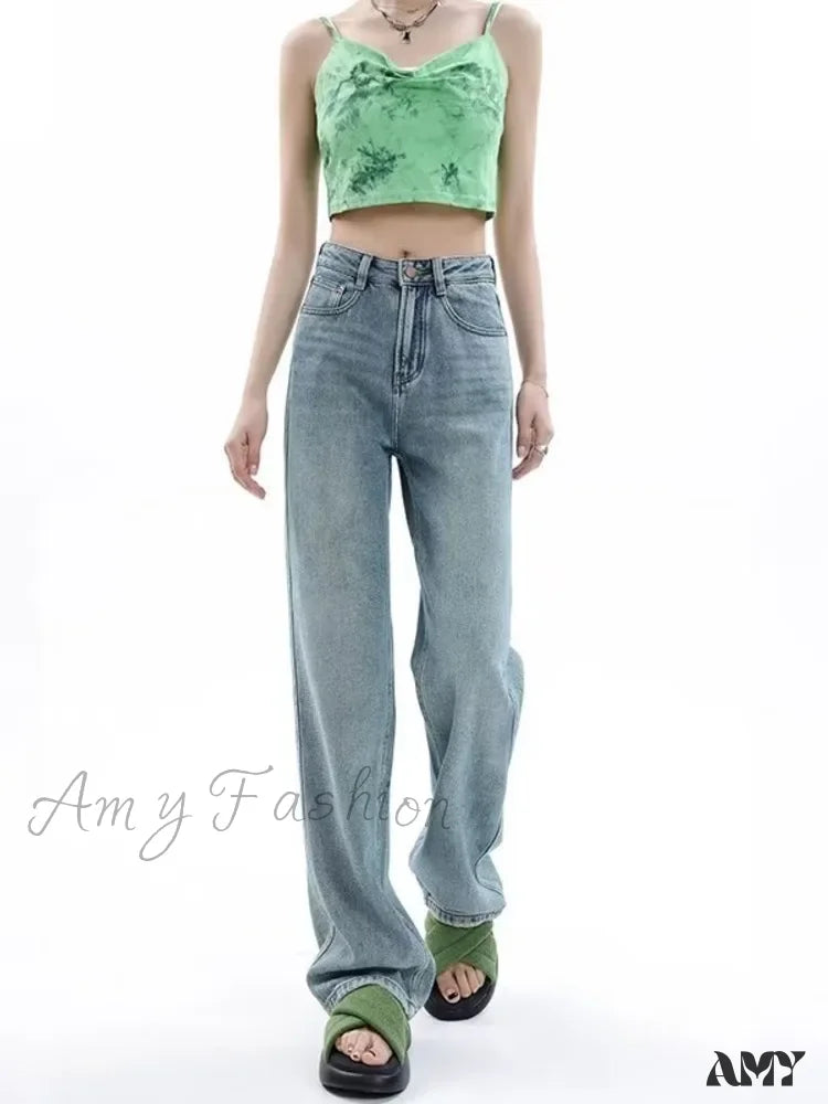 Amy Fashion - Vintage Harajuku Teenagers Y2K Aesthetic Clothing Autumn Baggy Jean Blue / Xs