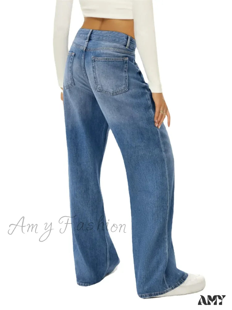Amy Fashion - Vintage High Waist Wide Leg Blue Baggy Streetwear Harajuku Straight Fashionable