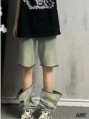 Amy Fashion - Vintage Knee Double Zipper Detachable Street Burst Straight Jean Yellow Mud Color / S