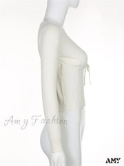 Amy Fashion - Vintage Knitted Low Cut Round Neck Slim Fit Ribbed T-Shirts