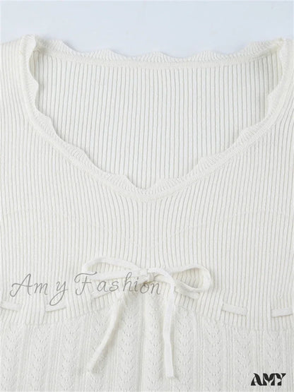 Amy Fashion - Vintage Knitted Low Cut Round Neck Slim Fit Ribbed T-Shirts