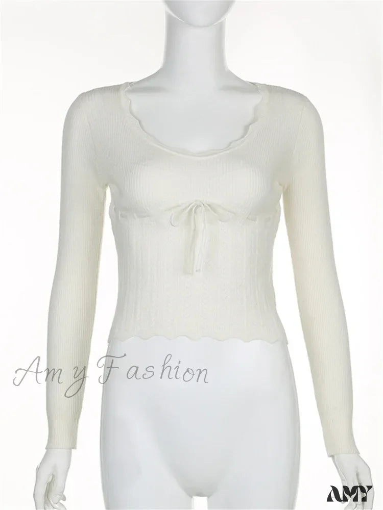 Amy Fashion - Vintage Knitted Low Cut Round Neck Slim Fit Ribbed T-Shirts