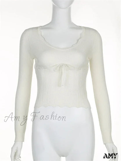 Amy Fashion - Vintage Knitted Low Cut Round Neck Slim Fit Ribbed T-Shirts