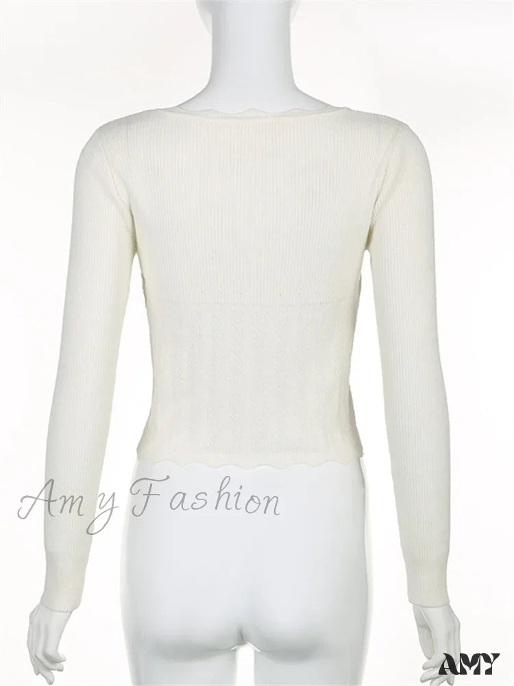 Amy Fashion - Vintage Knitted Low Cut Round Neck Slim Fit Ribbed T-Shirts