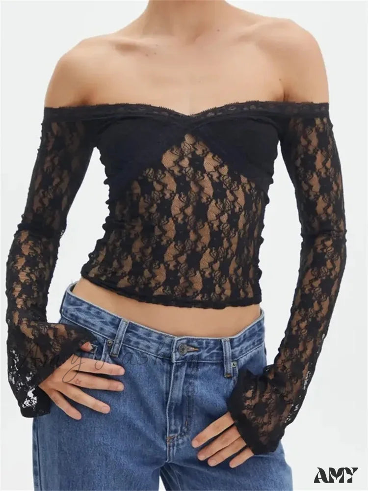 Amy Fashion - Vintage Lace Crop Tops Long Sleeve Off-Shoulder Casual Pullovers T-Shirts Black / S