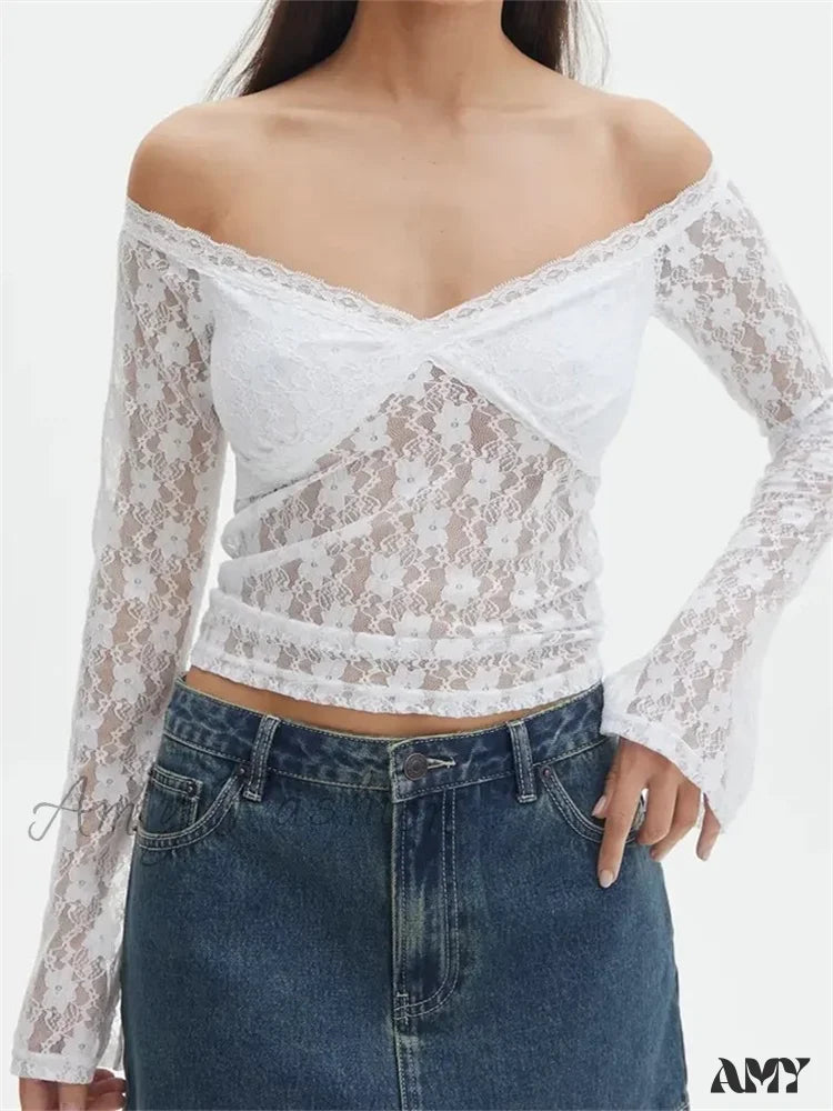 Amy Fashion - Vintage Lace Crop Tops Long Sleeve Off-Shoulder Casual Pullovers T-Shirts White / S