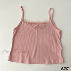 Amy Fashion - Vintage Lace Slim Cute Tops Pink / One Size