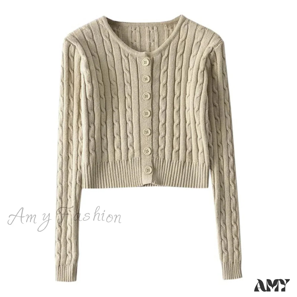 Amy Fashion - Vintage Long Sleeve Slim Knitted Cardigan Apricot / One Size