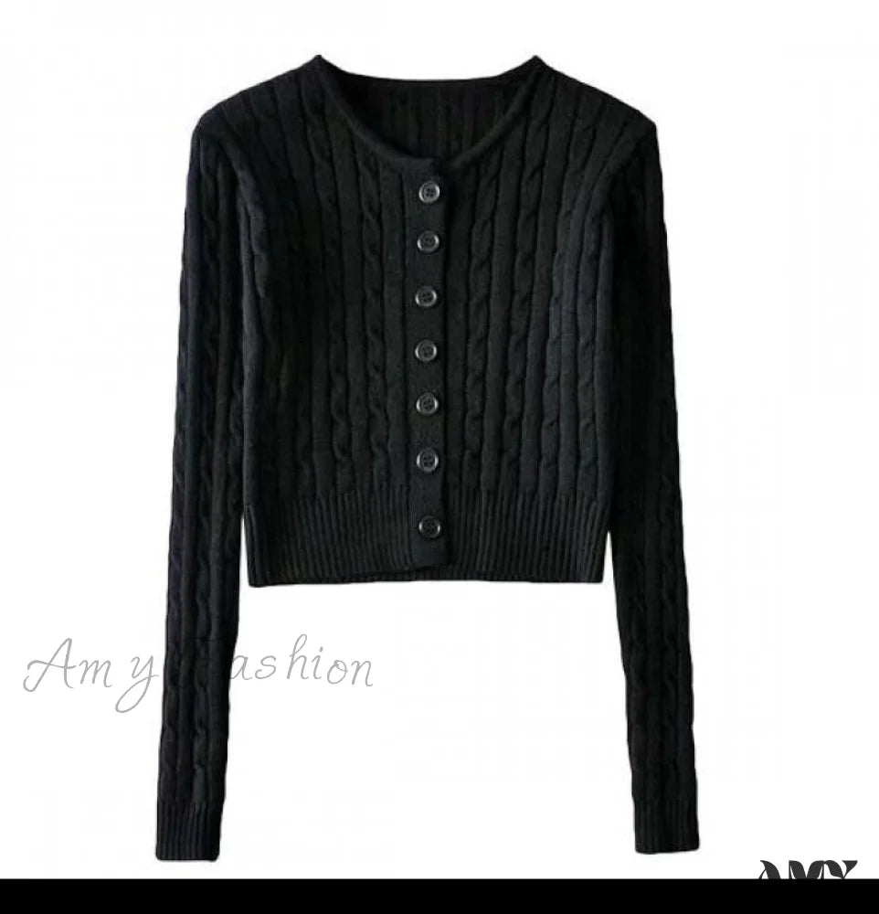Amy Fashion - Vintage Long Sleeve Slim Knitted Cardigan Black / One Size