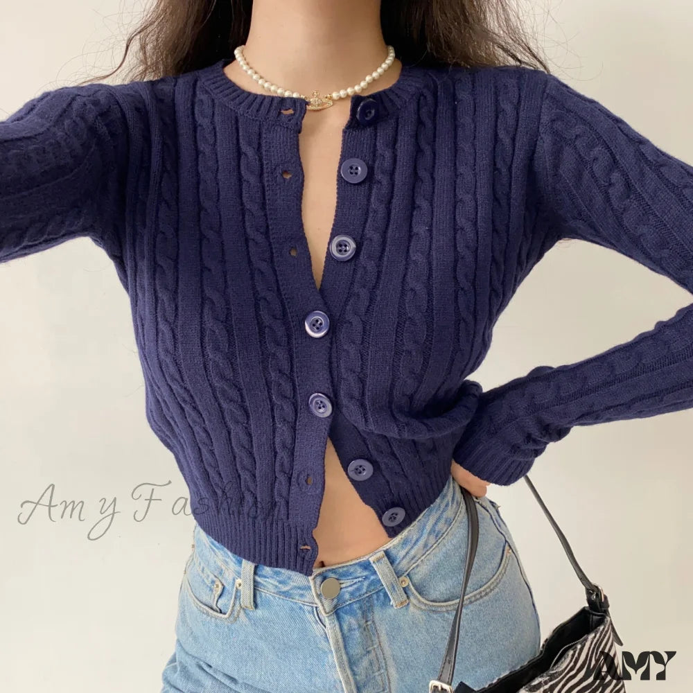 Amy Fashion - Vintage Long Sleeve Slim Knitted Cardigan Drak Blue / One Size