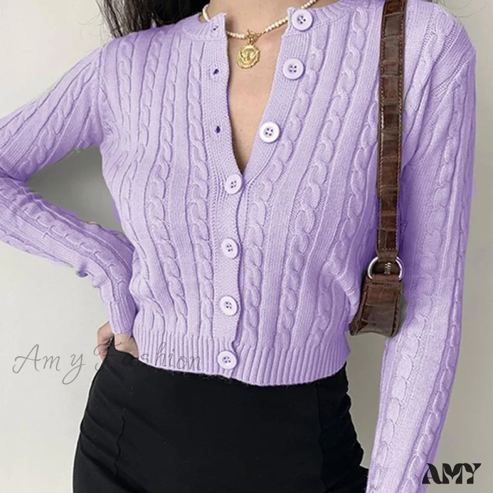 Amy Fashion - Vintage Long Sleeve Slim Knitted Cardigan Purple / One Size