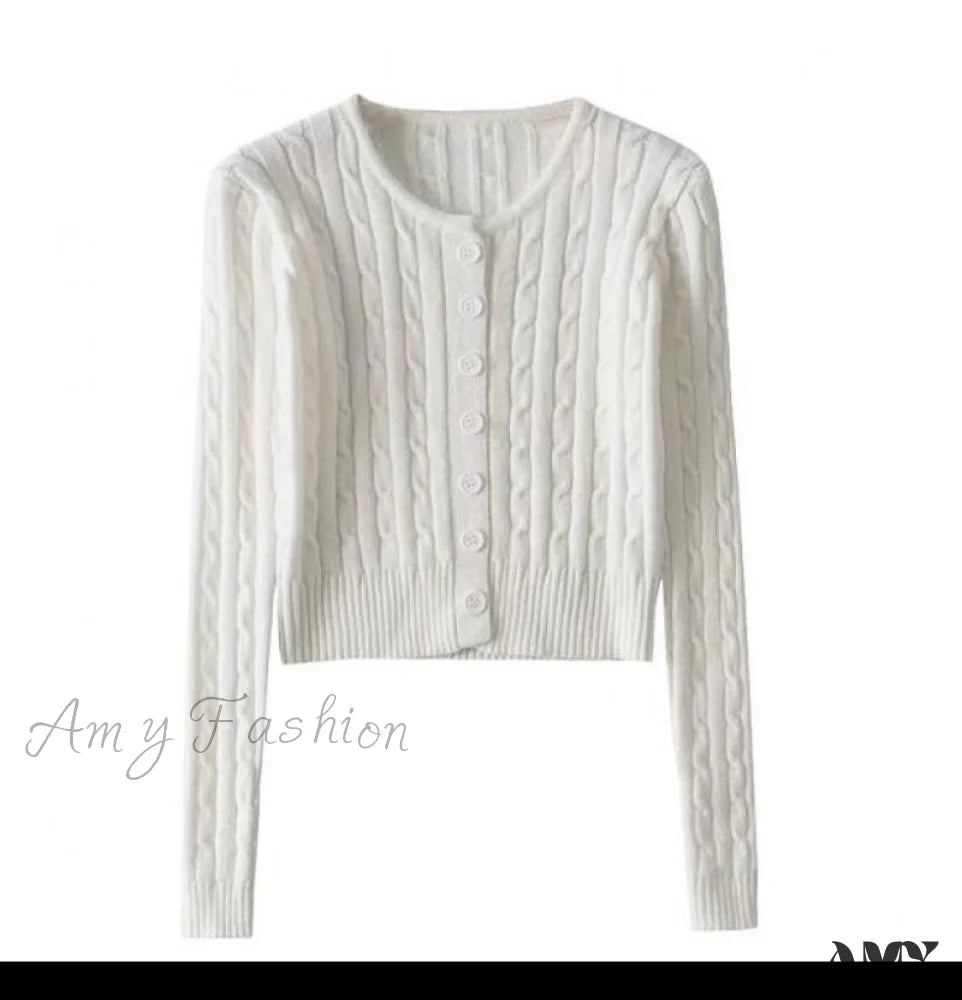 Amy Fashion - Vintage Long Sleeve Slim Knitted Cardigan White / One Size