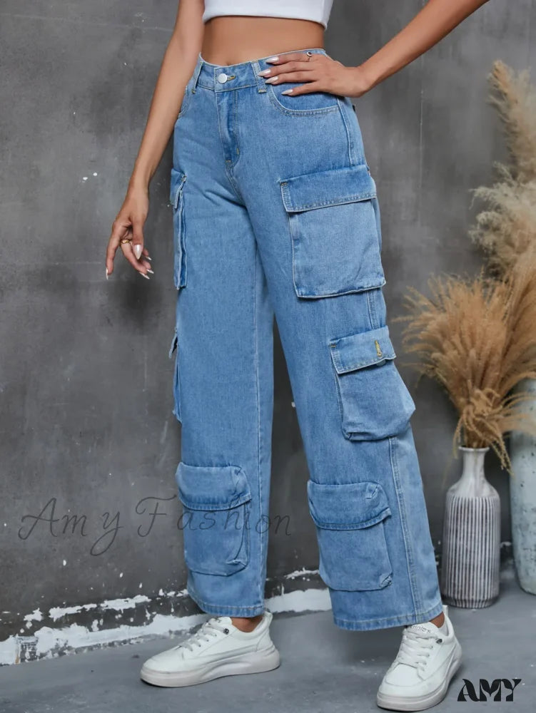 Amy Fashion - Vintage Loose Casual Middle Waist Hip Hop Straight Baggy Denim Jean