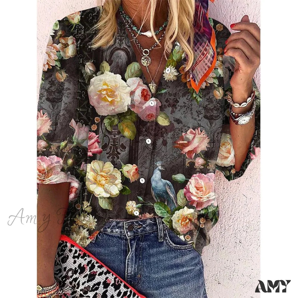 Amy Fashion - Vintage Loose Peacock Print Shirt 1 / S