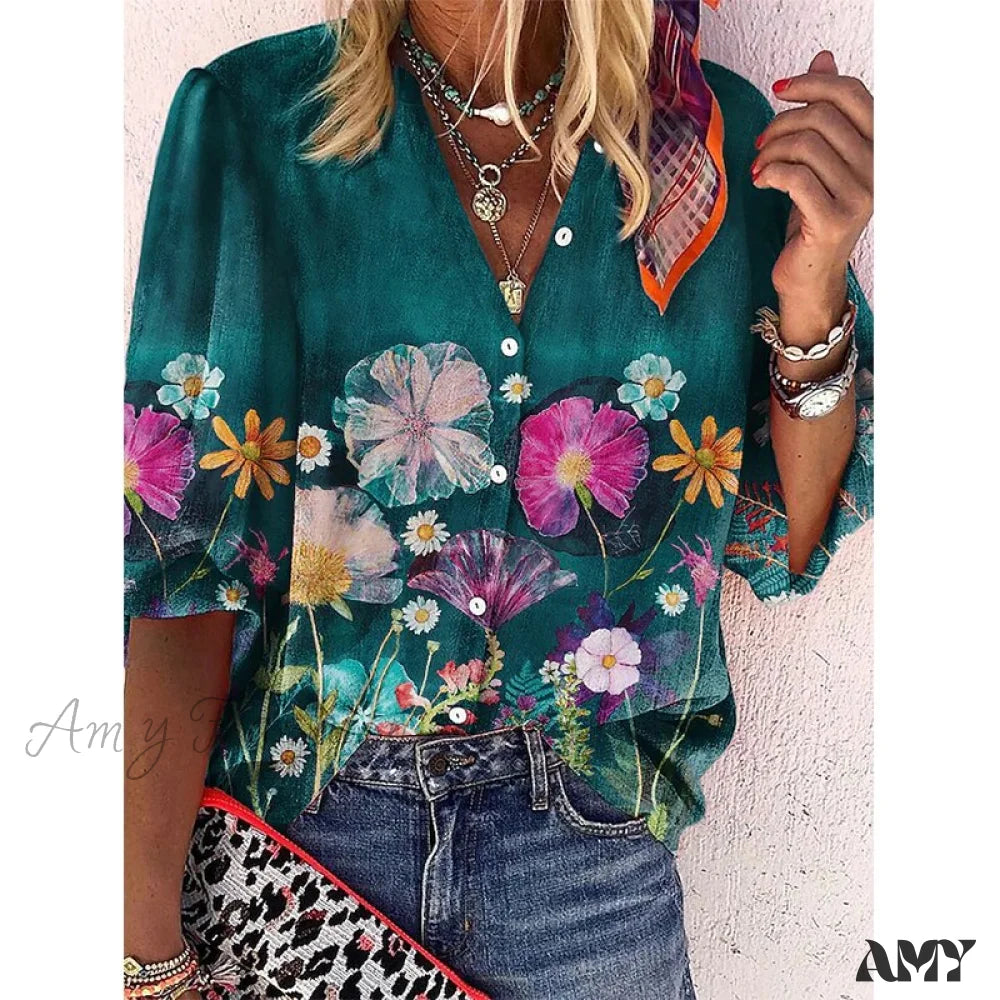 Amy Fashion - Vintage Loose Peacock Print Shirt