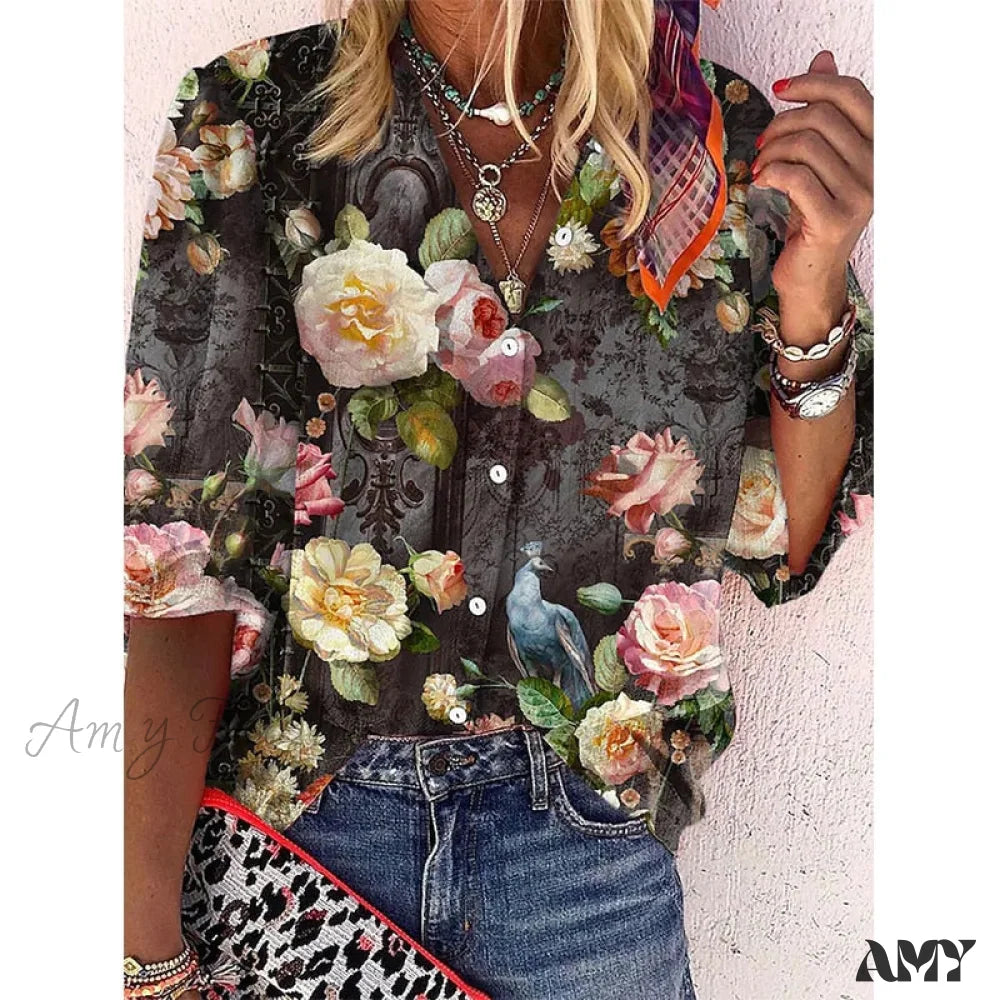 Amy Fashion - Vintage Loose Peacock Print Shirt