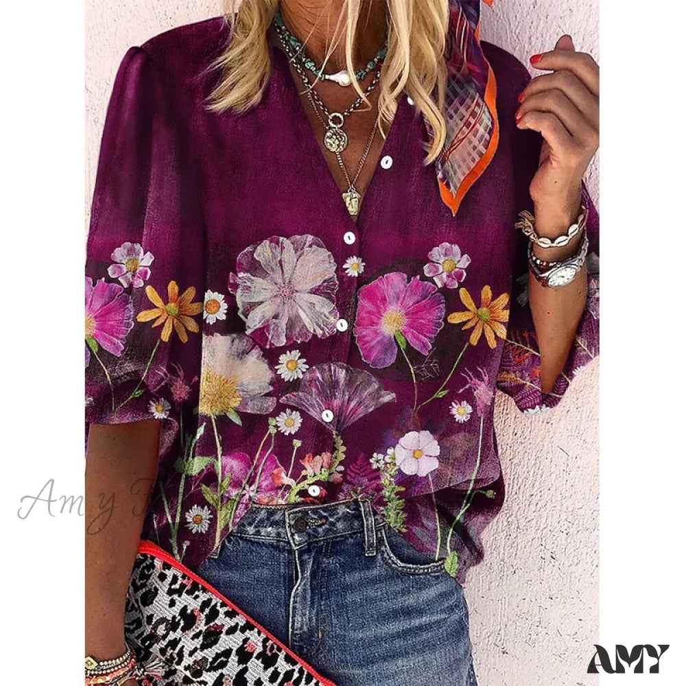 Amy Fashion - Vintage Loose Peacock Print Shirt