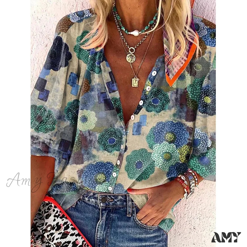 Amy Fashion - Vintage Loose Stamens Print Blouses 1 / S