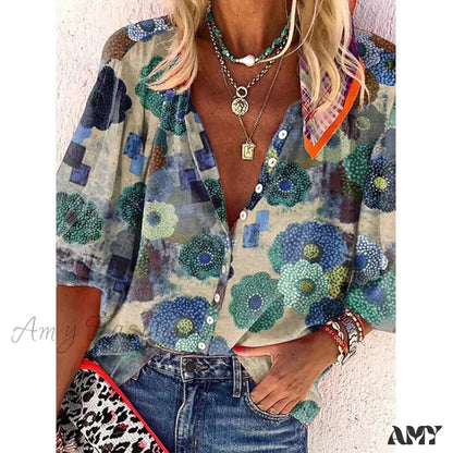 Amy Fashion - Vintage Loose Stamens Print Blouses 1 / S