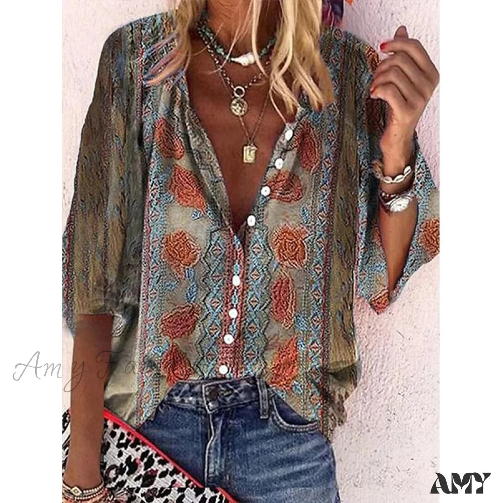 Amy Fashion - Vintage Loose Stamens Print Blouses 10 / S