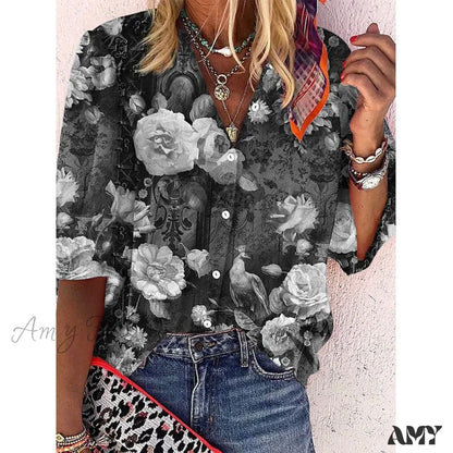 Amy Fashion - Vintage Loose Stamens Print Blouses 12 / S