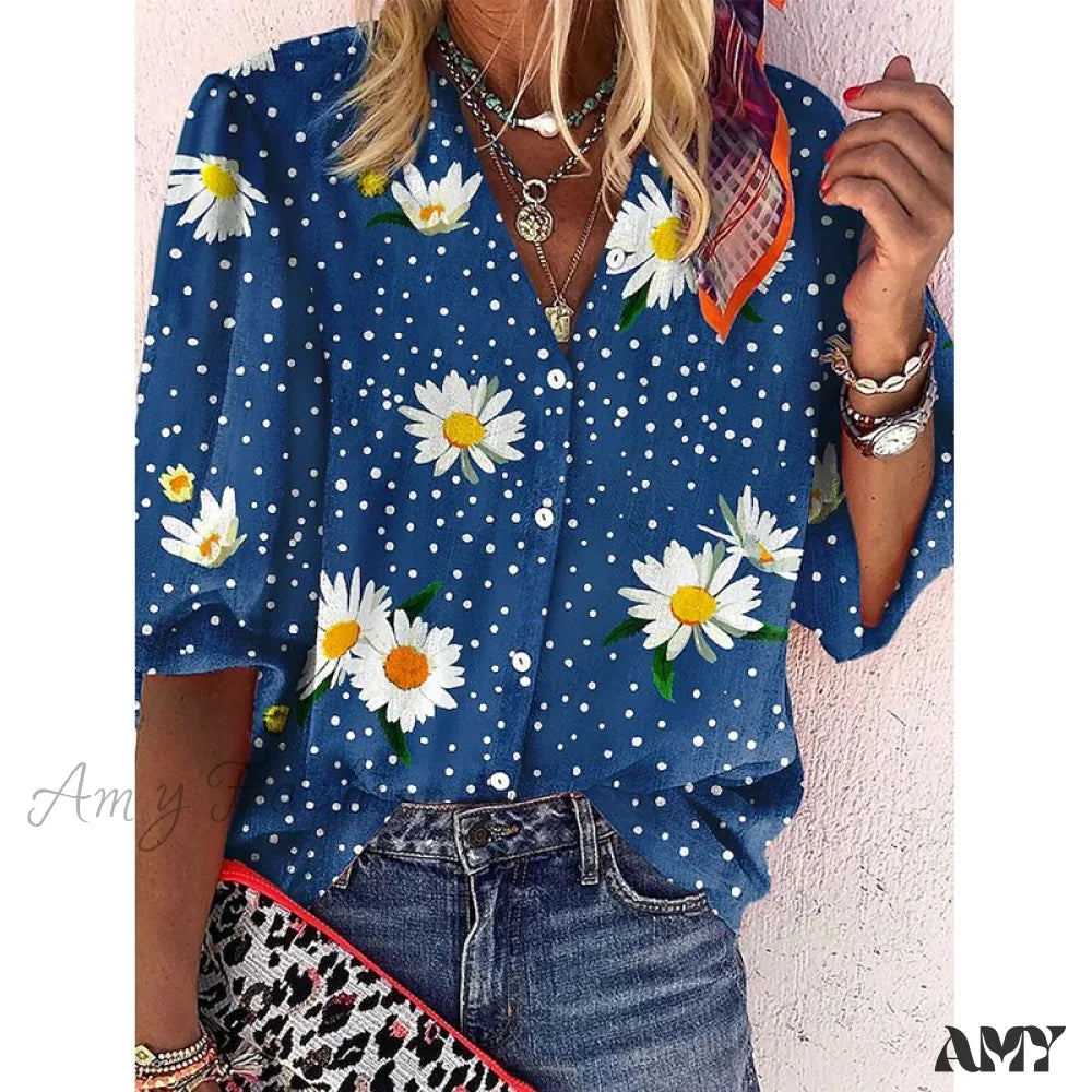 Amy Fashion - Vintage Loose Stamens Print Blouses 13 / S