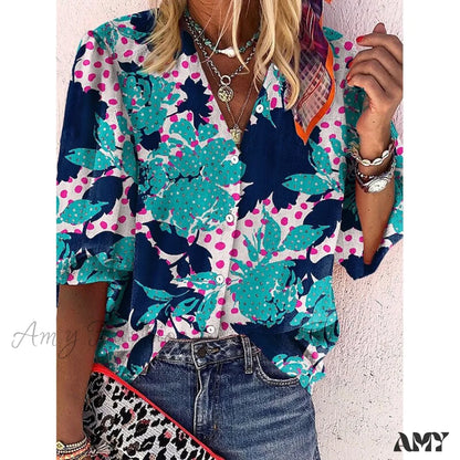 Amy Fashion - Vintage Loose Stamens Print Blouses